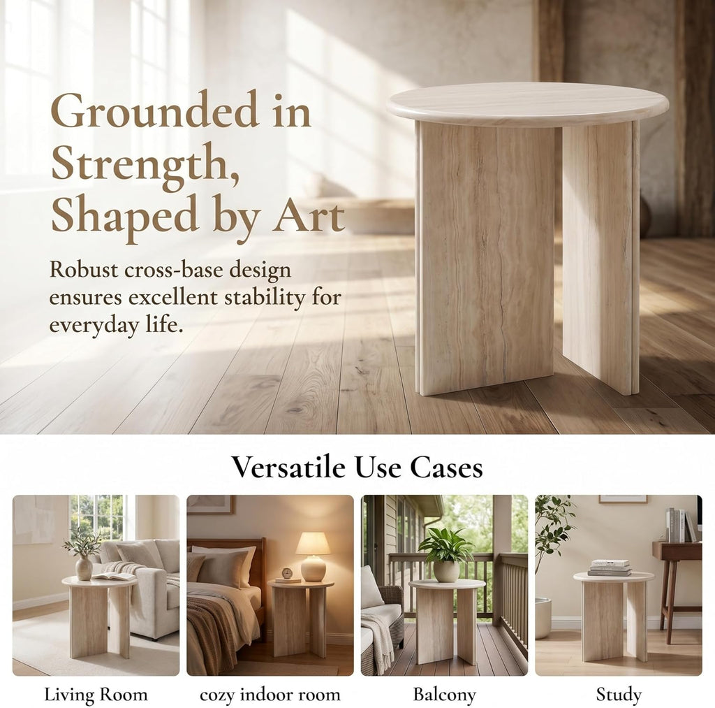 HNY Small Round Side Table Marble Veneer Wood Bedside Table 18" Modern End Table Faux Travertine Finish Accent Table for Living Room, Bedroom, Sofa Side, Reception Room, Luxury Minimalist, Beige