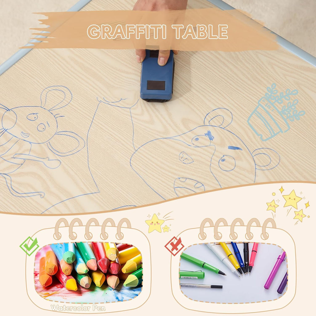 Kids Table and 2 Chairs Set, Height Adjustable Toddler Chairs, Graffiti Desktop Study With Anti-Slip Foot Covers, Children Activity Set for Ages 2-10, Blue Grey