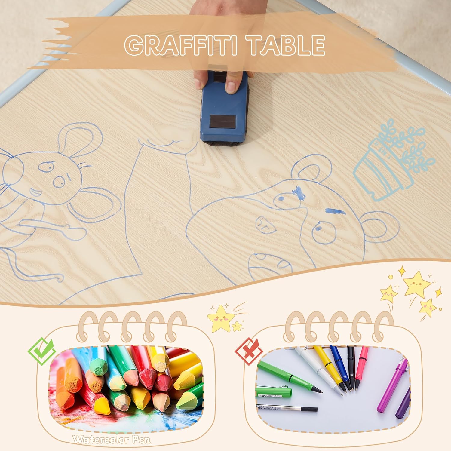 Kids Table and 2 Chairs Set, Height Adjustable Toddler Chairs, Graffiti Desktop Study With Anti-Slip Foot Covers, Children Activity Set for Ages 2-10, Blue Grey