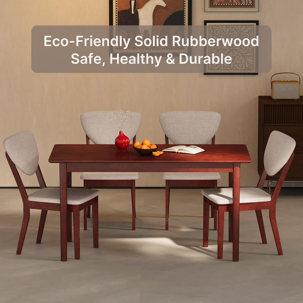 Ahomly 5-Piece Dining Table Set for 4,Solid Wood Kitchen Table Set with 4 Upholstered Linen Chairs, Space-Saving Dining Room Furniture for Apartment, Home, Dark Cherry/Grey