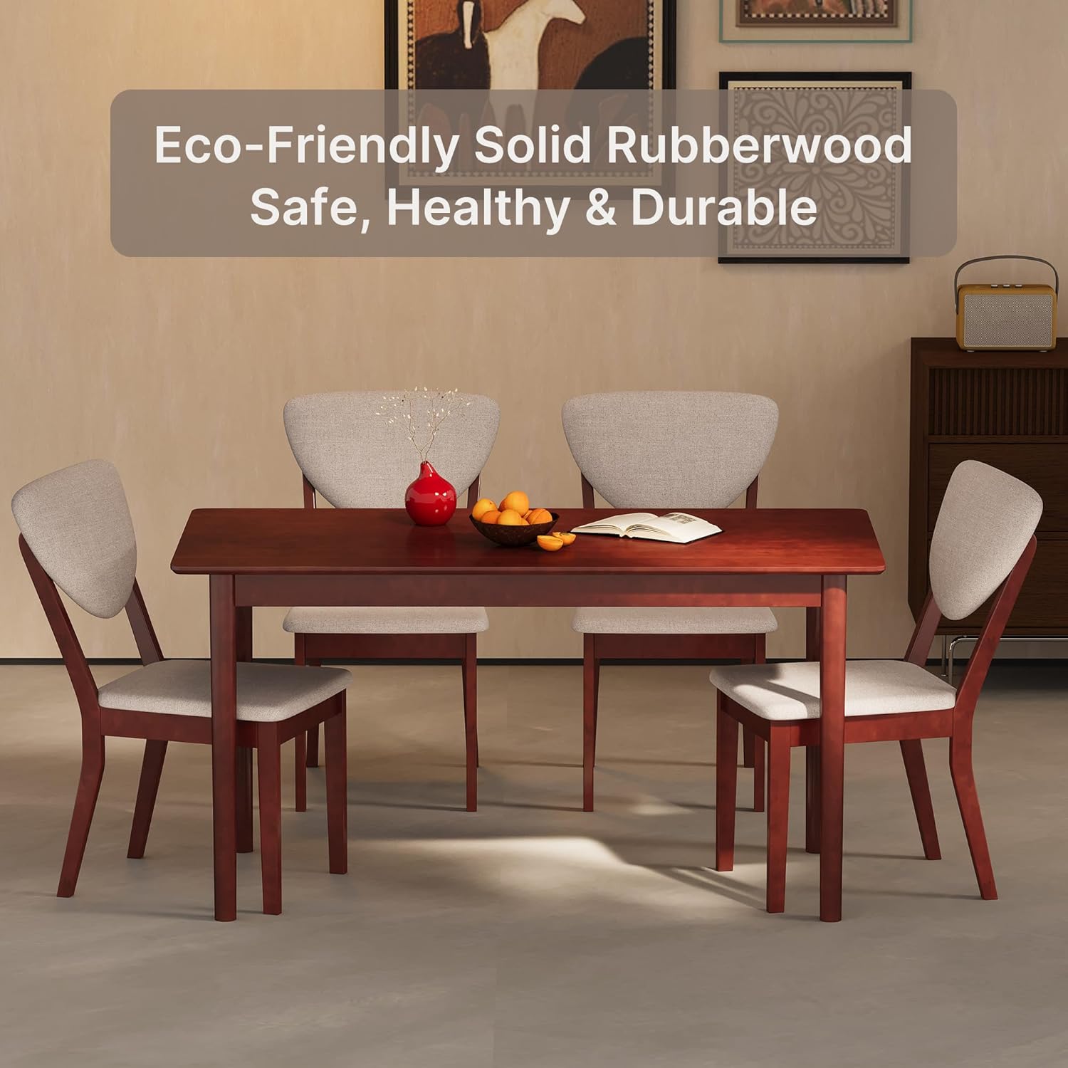 Ahomly 5-Piece Dining Table Set for 4,Solid Wood Kitchen Table Set with 4 Upholstered Linen Chairs, Space-Saving Dining Room Furniture for Apartment, Home, Dark Cherry/Grey