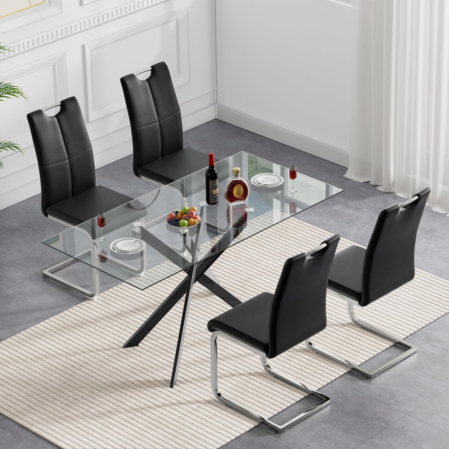 51 Inch Glass Dining Table Set for 4, Rectangular Tempered Glass Kitchen Table with Metal Base, Modern Black Dining Room Table with 4 Leather Dining Chairs for Kitchen Living Room