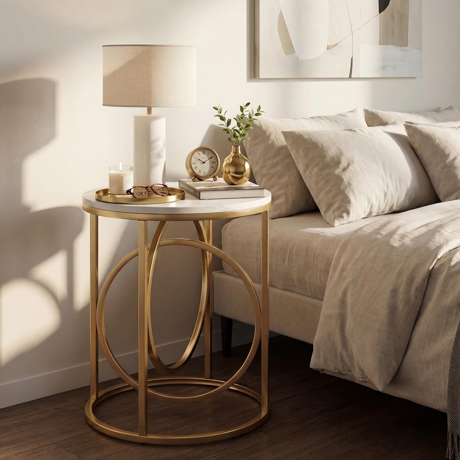 LITTLE TREE 20” Round End Table，Modern Sofa Side Table with Gold O-Shaped Base, Faux Marble White Cocktail Table Accent Table Nightstand for Living Room Bedroom, 2PCS