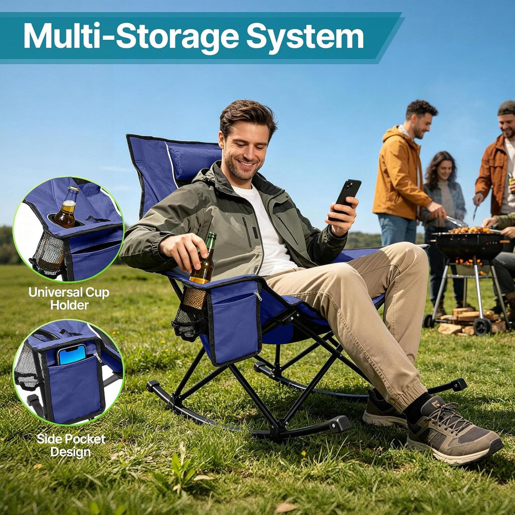 ZENPETIO Oversized Rocking Camping Chair Portable Outdoor Folding Rocker with Padded Headrest and Carry Bag, Heavy Duty Rocker Chair for Camping, Lawn and Patio, Supports 400 lbs, Blue Black