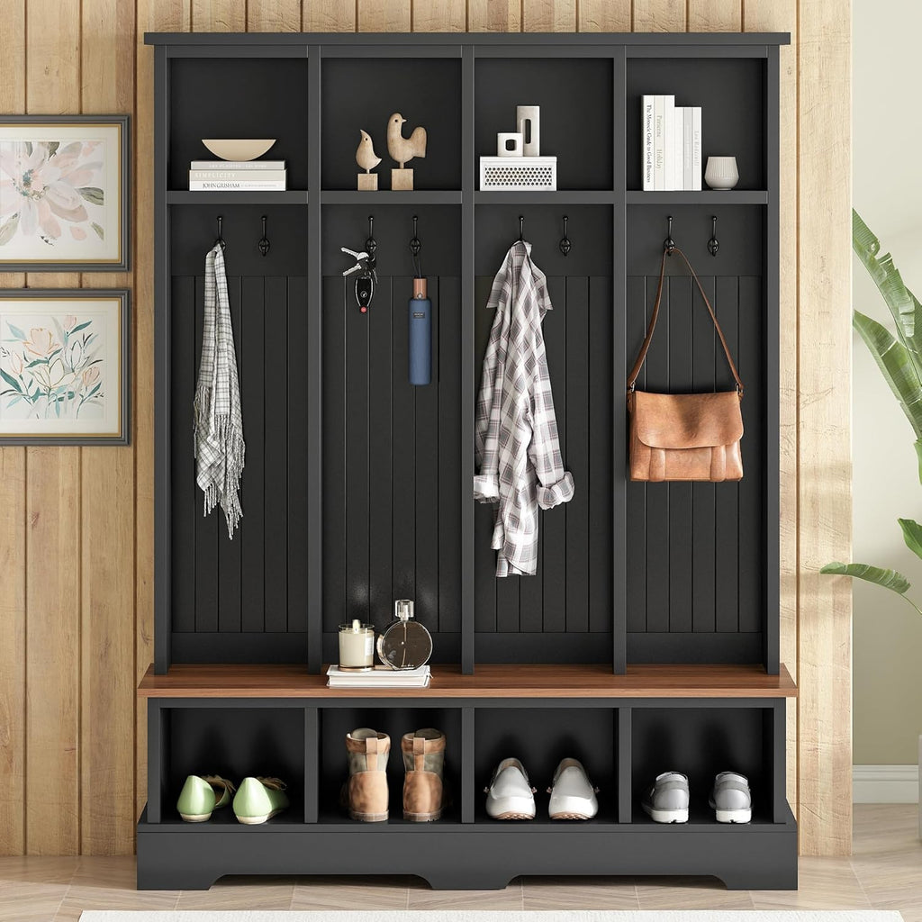 SOFTSEA 59 Inch Wide Hall Tree with Storage Bench, Farmhouse Entryway Bench with 8 Hooks and Storage Shelves, Modern Coat Rack with Shoe Cabinets for Mudroom, Living Room, Black