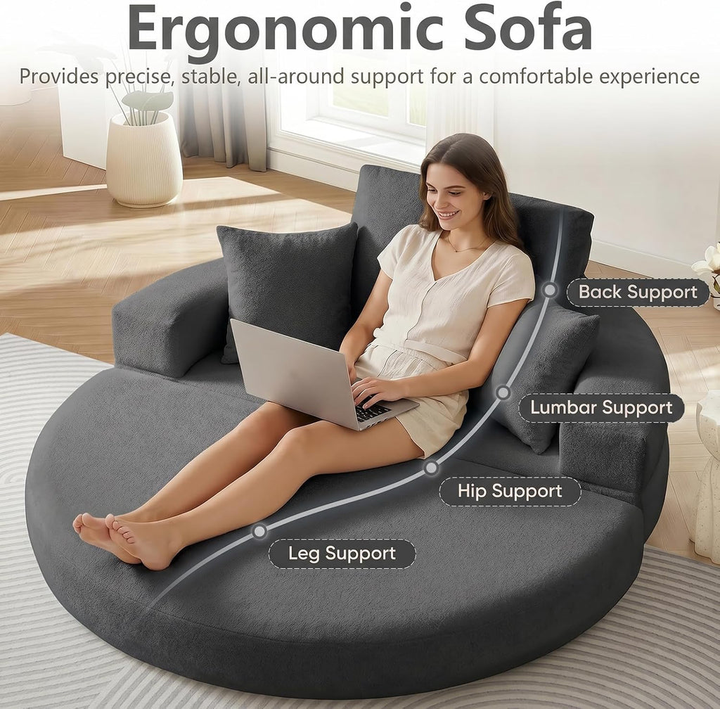 79" Foldable 2-in-1 Oversized Round Chaise Lounge,Chenille Fabric Reading Nook Chair with Ottoman,Boneless Chair with 2 Throw Pillows,Couch Chair Suitable for Living Room, Bedroom,No Assembly(Gray)