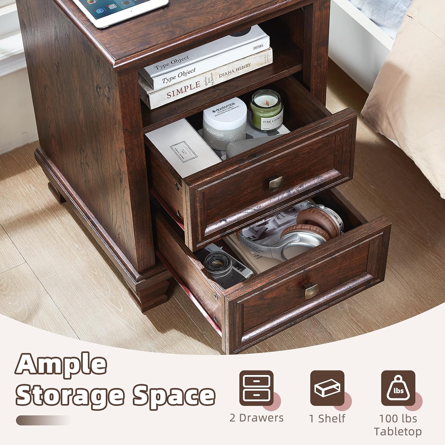 SAVOR LIFE Farmhouse Nightstand with Charging Station, Walnut | End Tables Bedroom with 2 Drawers, Traditional Night Stand with Open Shelf & Thickened Top & Square Wooden Legs