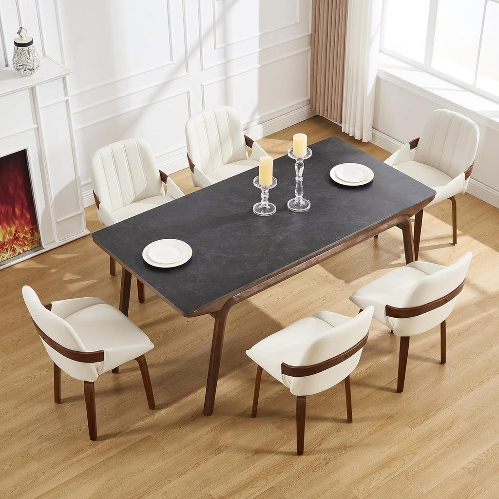 Swivel White Dining Chairs Set of 4, Mid Century Modern Faux Leather Dining Room Chairs with Arms, Upholstered Kitchen Vanity Accent Chair, Walnut Backrest Support & Sturdy Wood Legs