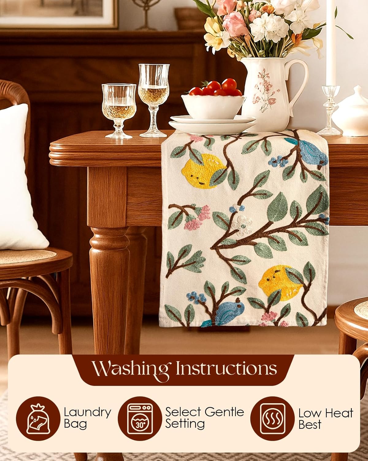 Canvas Embroidered Table Runner - 13"x 72" Coffee Table Runner for Living Room Narrow Tablerunner for Dining Room Washable Farmhouse Kitchen Island Counter Decor Housewarming Gift, Lemon Bird