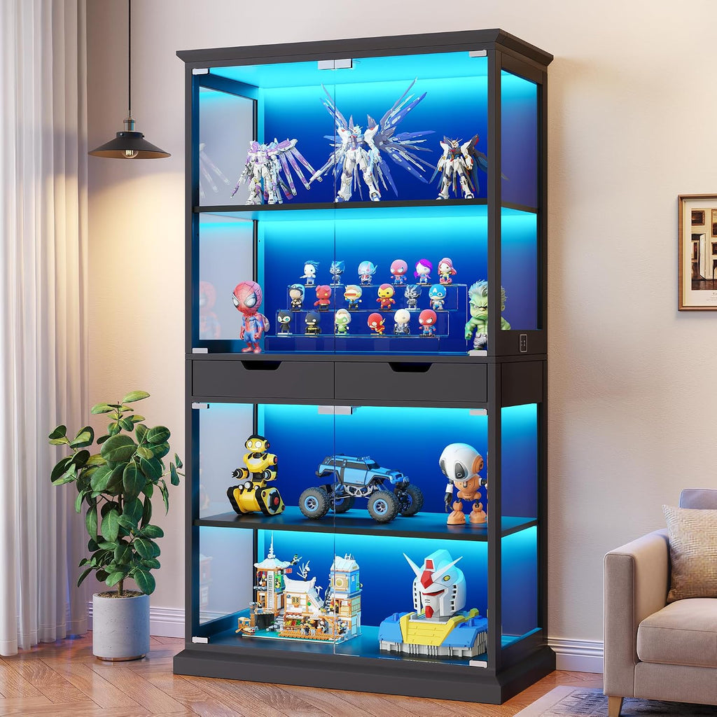 Jocoevol Display Cabinet with Glass Doors, 4-Tier Curio Cabinet with with 2 Drawers for Collectibles, Modern Glass Display Case Human Body Sensor & RGB Lights for Living/Game Room (Black)