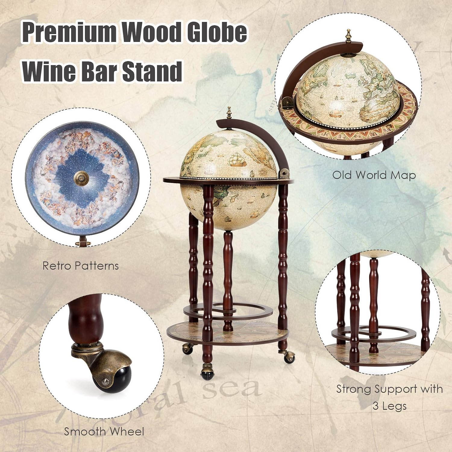 LDAILY 17.5’’ Wood Globe Bar, 16th Century Italian Replica Vintage Bar Cart with Wheels, Alcohol Cabinet with Liquor Storage, Bottom Shelf & Old World Map, Round Bar Cart for Home (Creamy White)