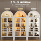 70 in Tall Arched Kitchen Pantry Cabinet with LED Lights, Modern Wood Arched Bookshelf with Glass Doors & Adjustable Shelves, Elegant Display Cabinet for Kitchen, Dining Room, Living Room