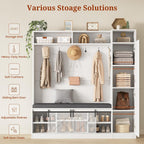 Hall Tree with Bench and Shoe Storage, Entryway Coat Rack with Tall Mirror, Farm House Barn Door 4-in-1 Hall Tree with Storage Cushioned Stool and Hooks for Hallway, Living Room, (60IN,With Mirror)