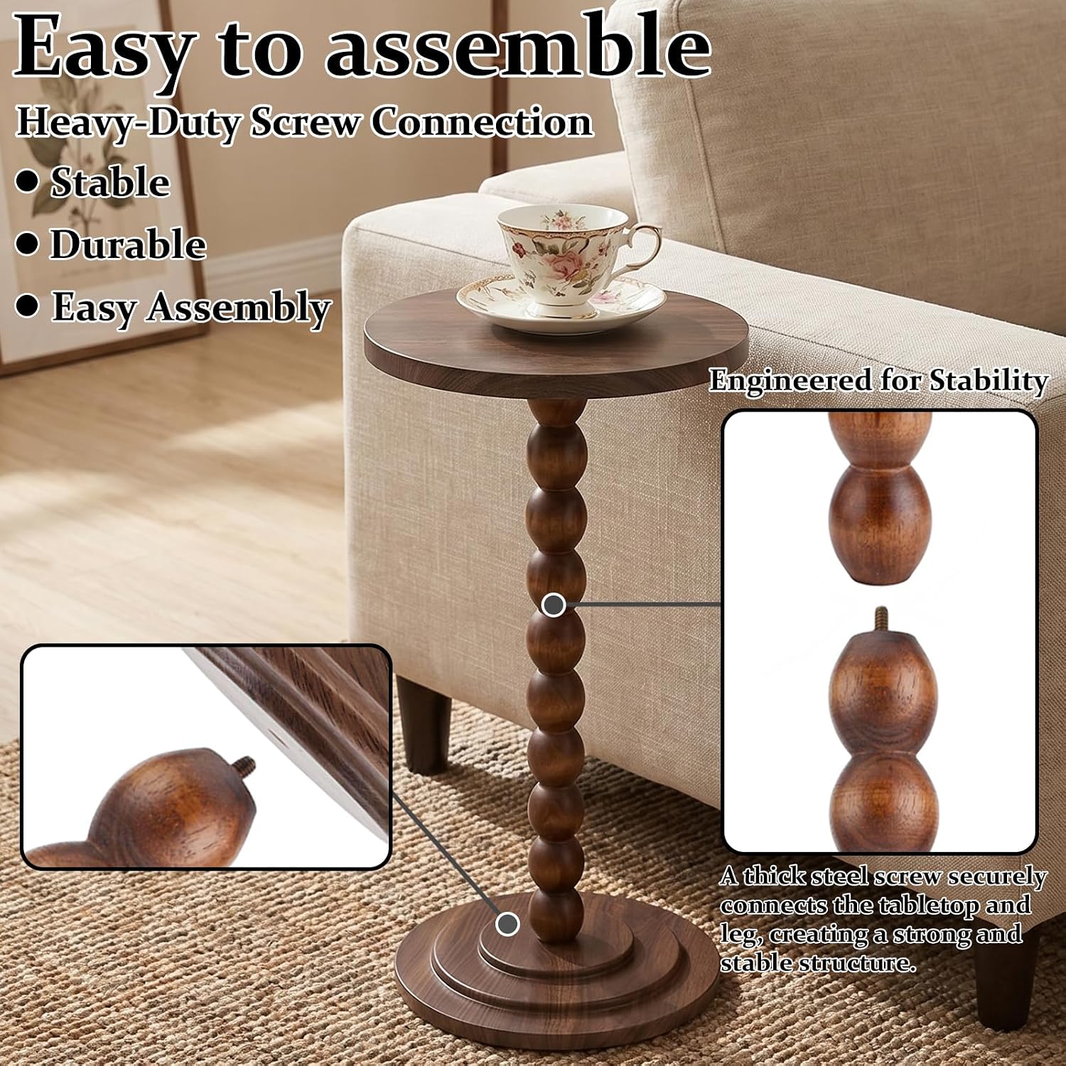 Small Round Side Table, C Table End Tables for Sofa, Sofa Round Tables for Living Room Study and Small Spaces (Walnut)