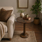 TUP THE URBAN PORT Ari 22 Inch Side End Table, Round Top, Hand Carved Indian Mandala Boho Accent, Brown Mango Wood