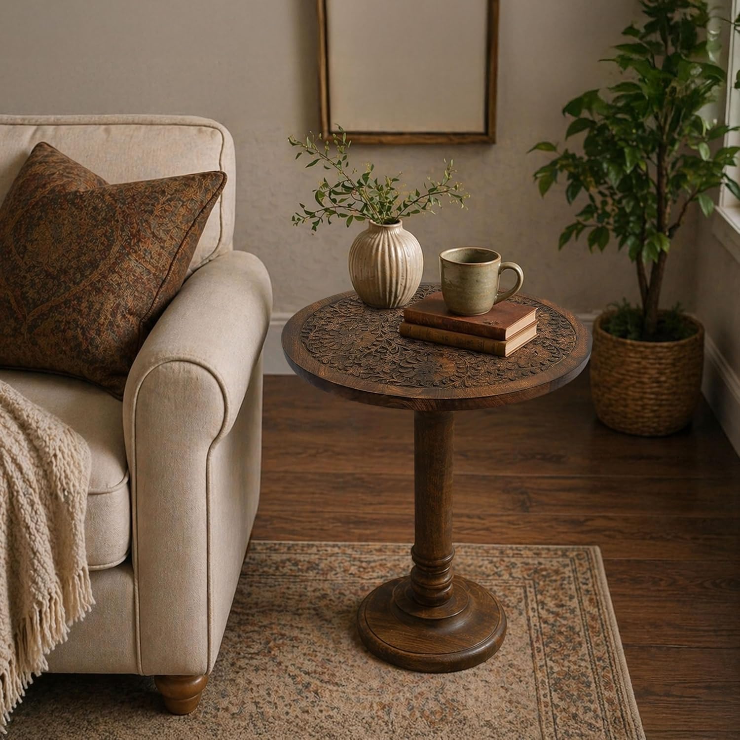 TUP THE URBAN PORT Ari 22 Inch Side End Table, Round Top, Hand Carved Indian Mandala Boho Accent, Brown Mango Wood