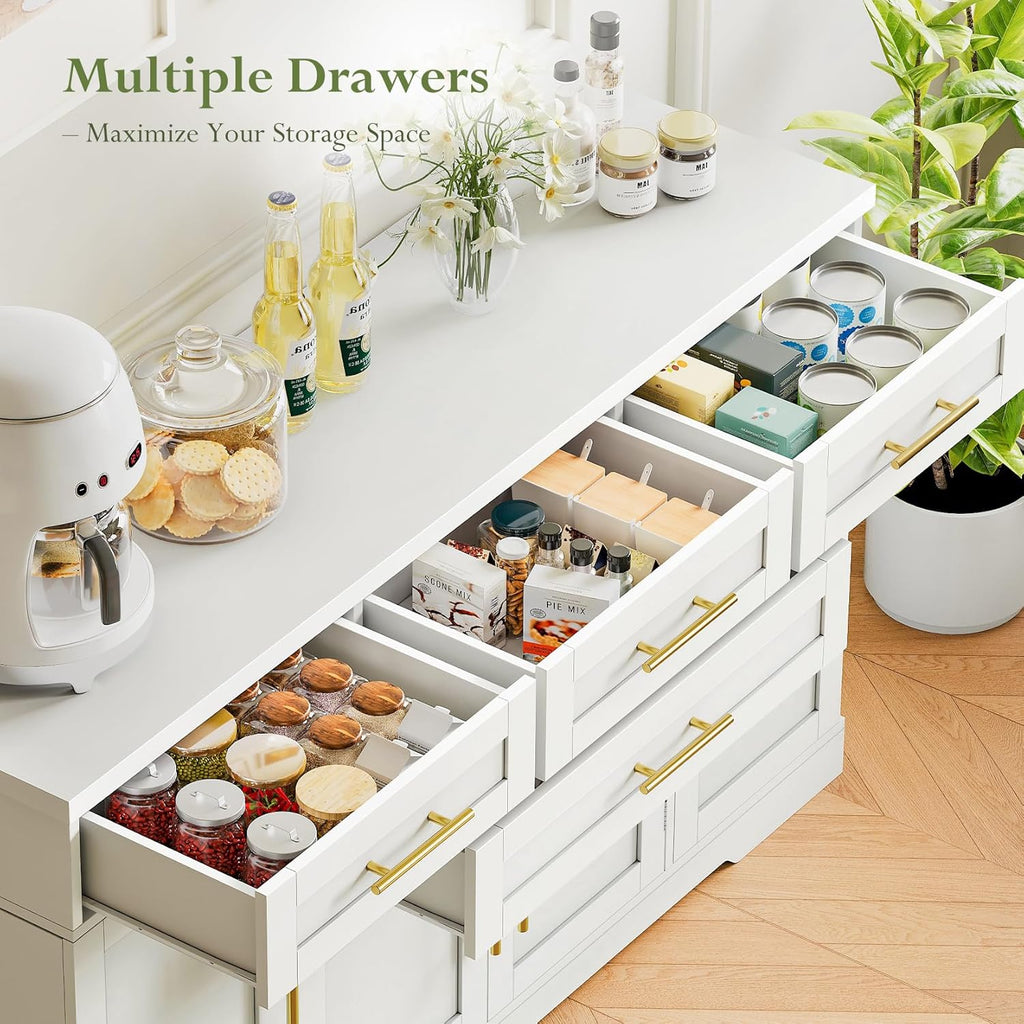 Concho 54" Buffet Cabinet with Storage, Kitchen Sideboards Small Coffee Bar Cabinet with 4 Drawers, Modern Kitchen Storage Cabinet for Living Room, Pure White
