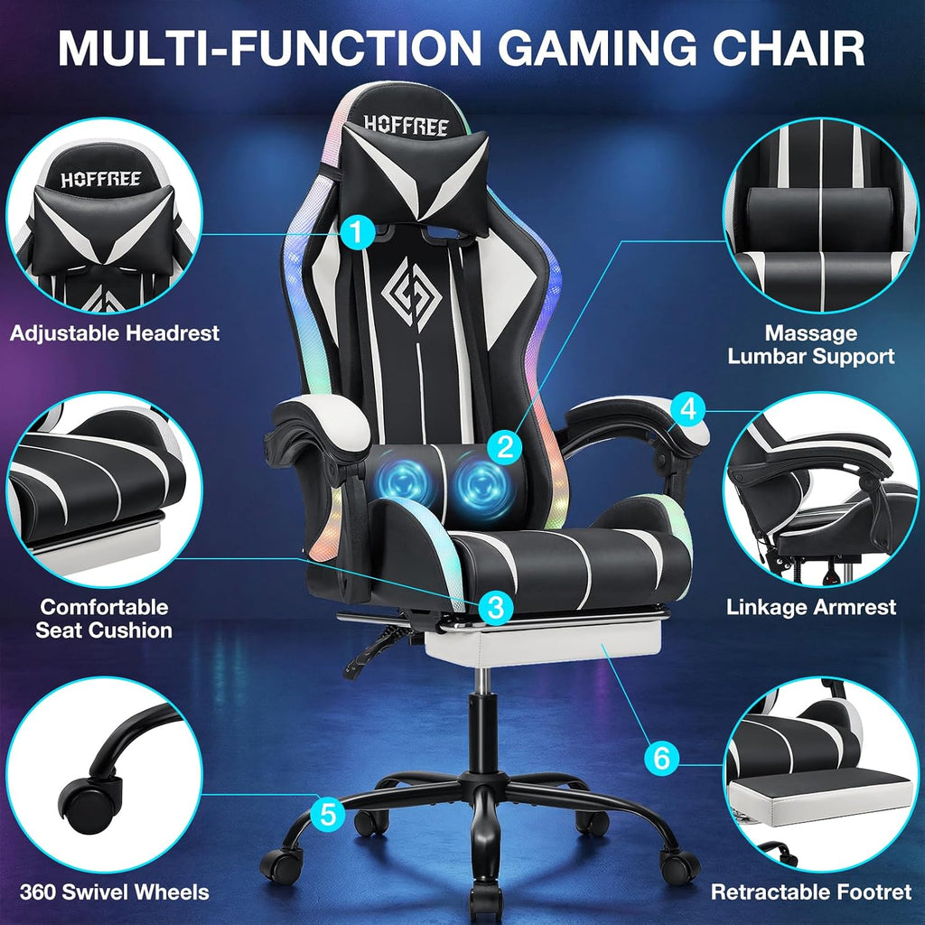 RGB Gaming Chair with LED Lights Massage Computer Chair Ergonomic High Back Video Game Chair with Footrest and Adjustable Lumbar Support Gamer Chairs with Linkage Armrest White and Black