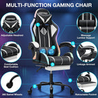 RGB Gaming Chair with LED Lights Massage Computer Chair Ergonomic High Back Video Game Chair with Footrest and Adjustable Lumbar Support Gamer Chairs with Linkage Armrest White and Black