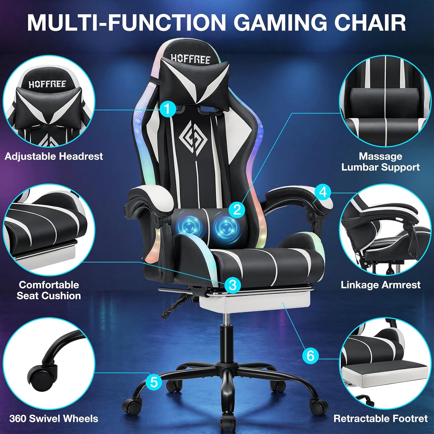 RGB Gaming Chair with LED Lights Massage Computer Chair Ergonomic High Back Video Game Chair with Footrest and Adjustable Lumbar Support Gamer Chairs with Linkage Armrest White and Black
