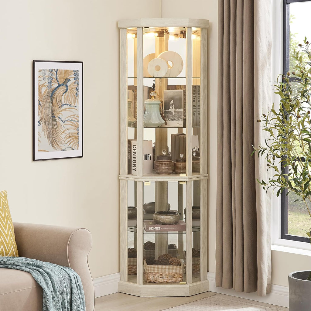 69" H Lighted Corner Display Cabinet, Curio Corner Glass Cabinet w/Adjustable Shelves & Glass Door, 5-Tier Wooden Storage Display Case w/Mirrored Back Pane for Living Room (Antique White)