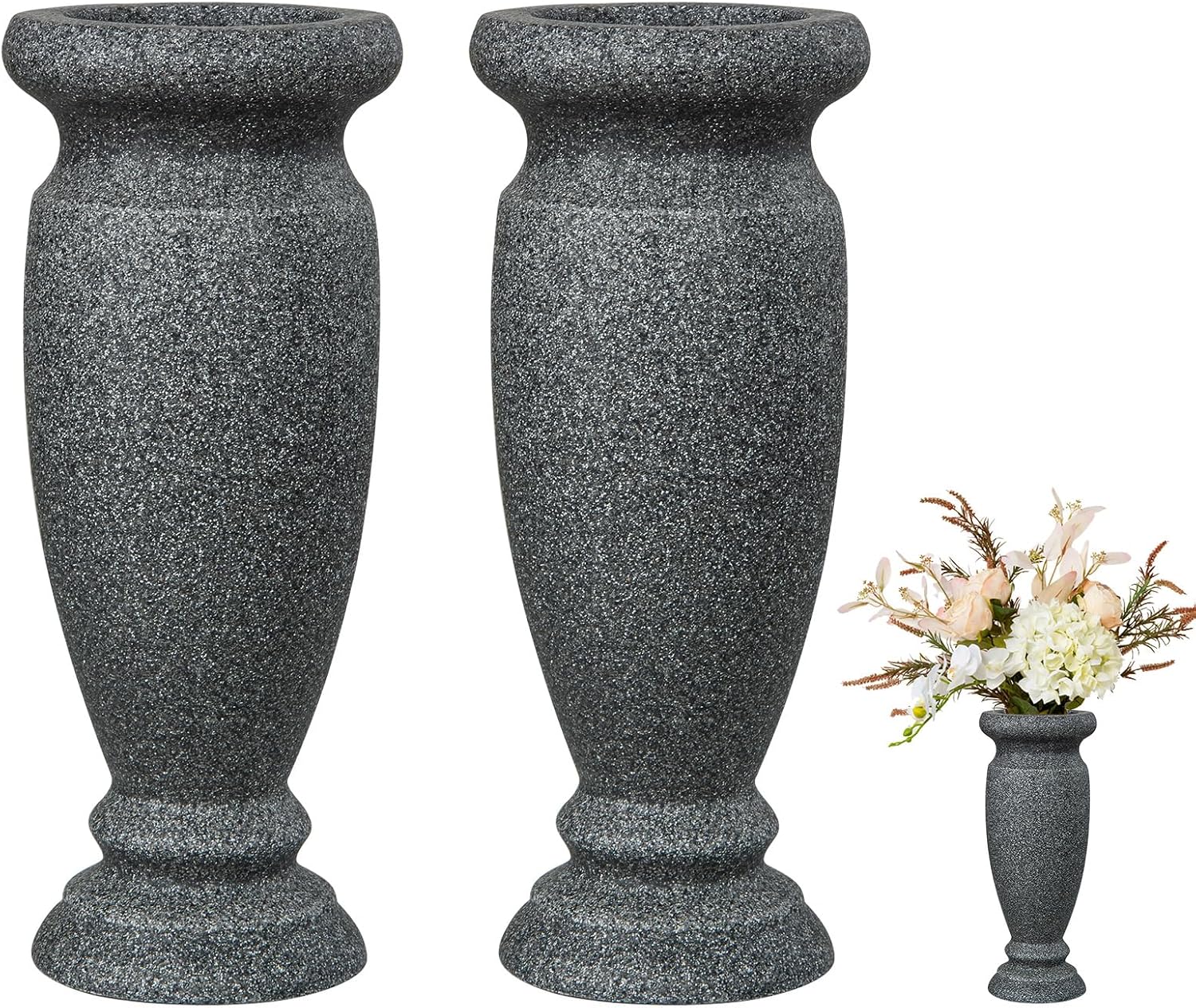 Cemetery Vase, Resin Grave Vase Memorial Flowers Vases for Home Tabletop, Artificial or Fresh Flowers, Cemetery Grave Headstone Decorations (2Pcs, Grey), No Draining Holes