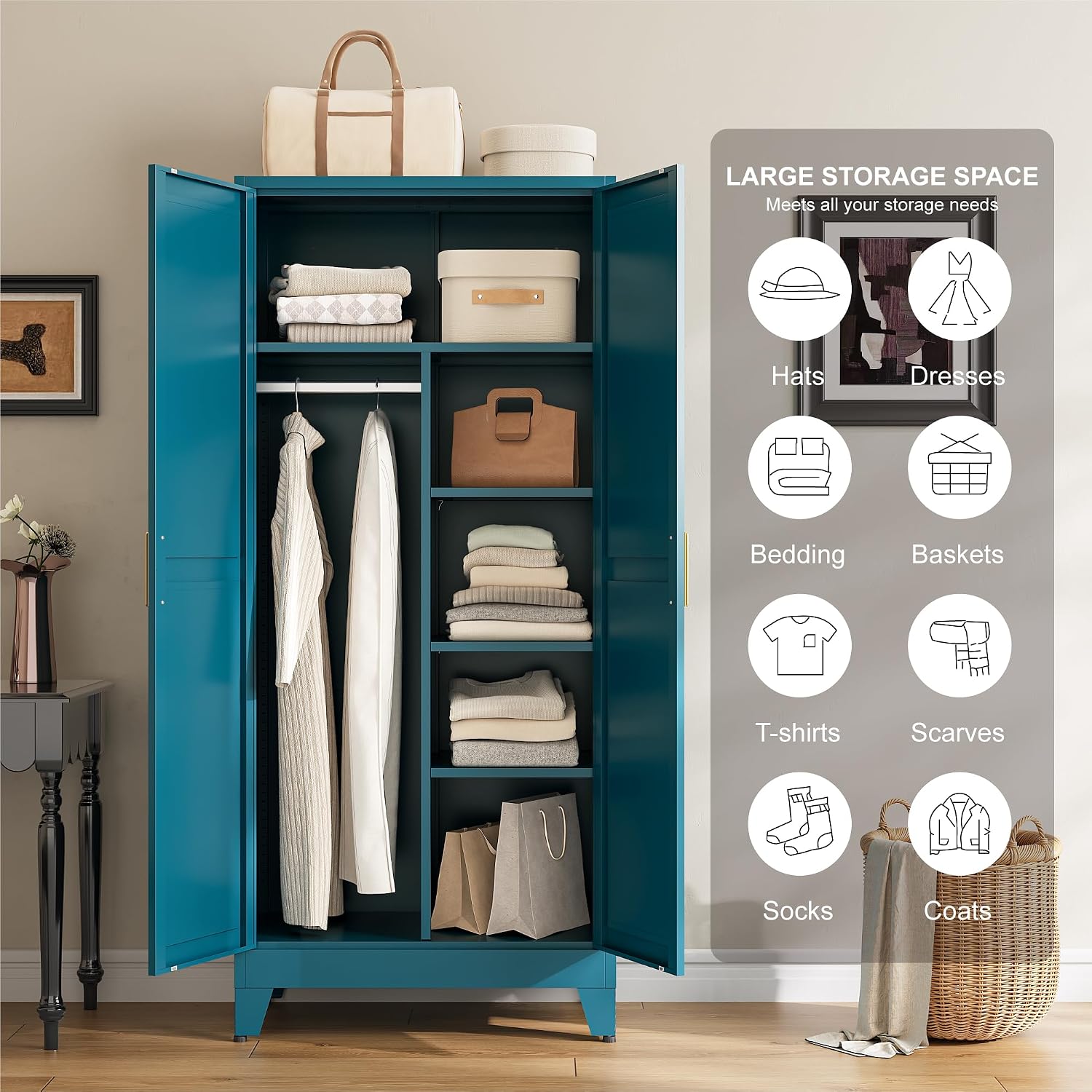 Metal Armoire Wardrobe Closet, Blue Farmhouse Storage Cabinet with Adjustable Shelves and Hanging Rod, 2 Doors Steel Wardrobe Cabinet Storage Clothes Closet foe Bedroom office School Dormitorio Gym
