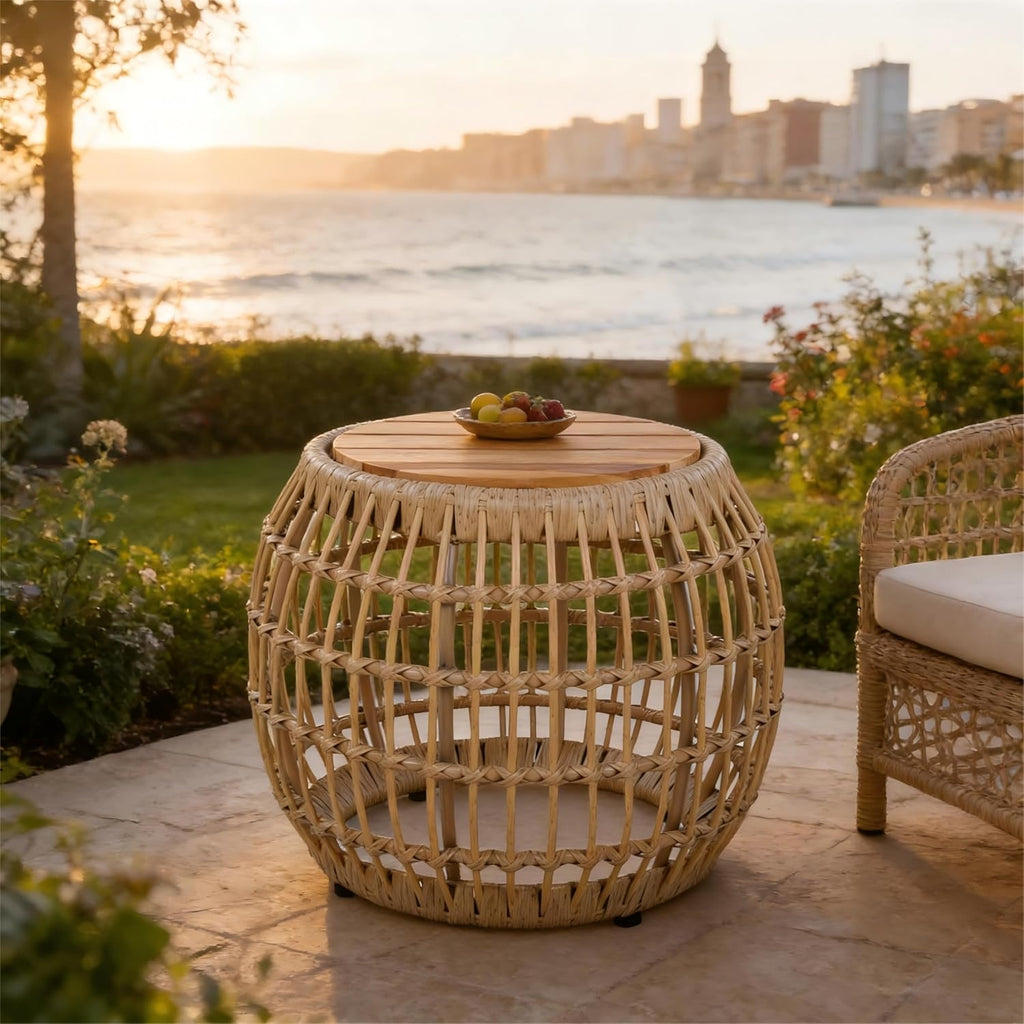 ø21.26'' Boho Side Table Wicker End Table for Living Room Outdoor & Indoor, Wood Tabletop & Wicker Baese, Modern Retro Farmhouse Style, No Assembly, Light Brown