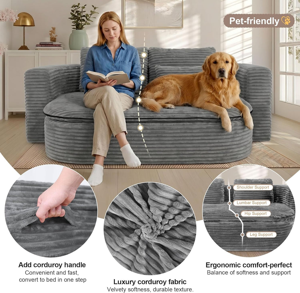 75'' Folding Sleeper Sofa Bed, Memory Foam Fold Out Couch, Boneless Foldable Full Size Guest Bed Mattress, Modern 2-in-1 Floor Deep Seat Sleeper Sofa with 4 Pillows and Blanket (Corduroy, Gray)