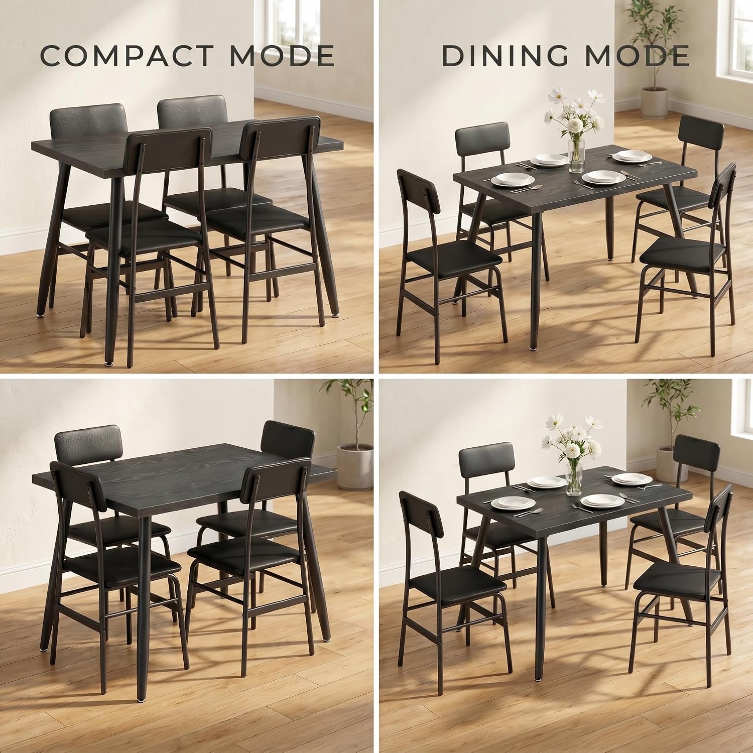 Gizoon Dining Table Set for 4, Modern Kitchen Table with Chairs, Black | Wood Top & Upholstered Chairs, 5-Piece Set for Apartment and Small Spaces, Comedor de 4 Sillas y Mesa