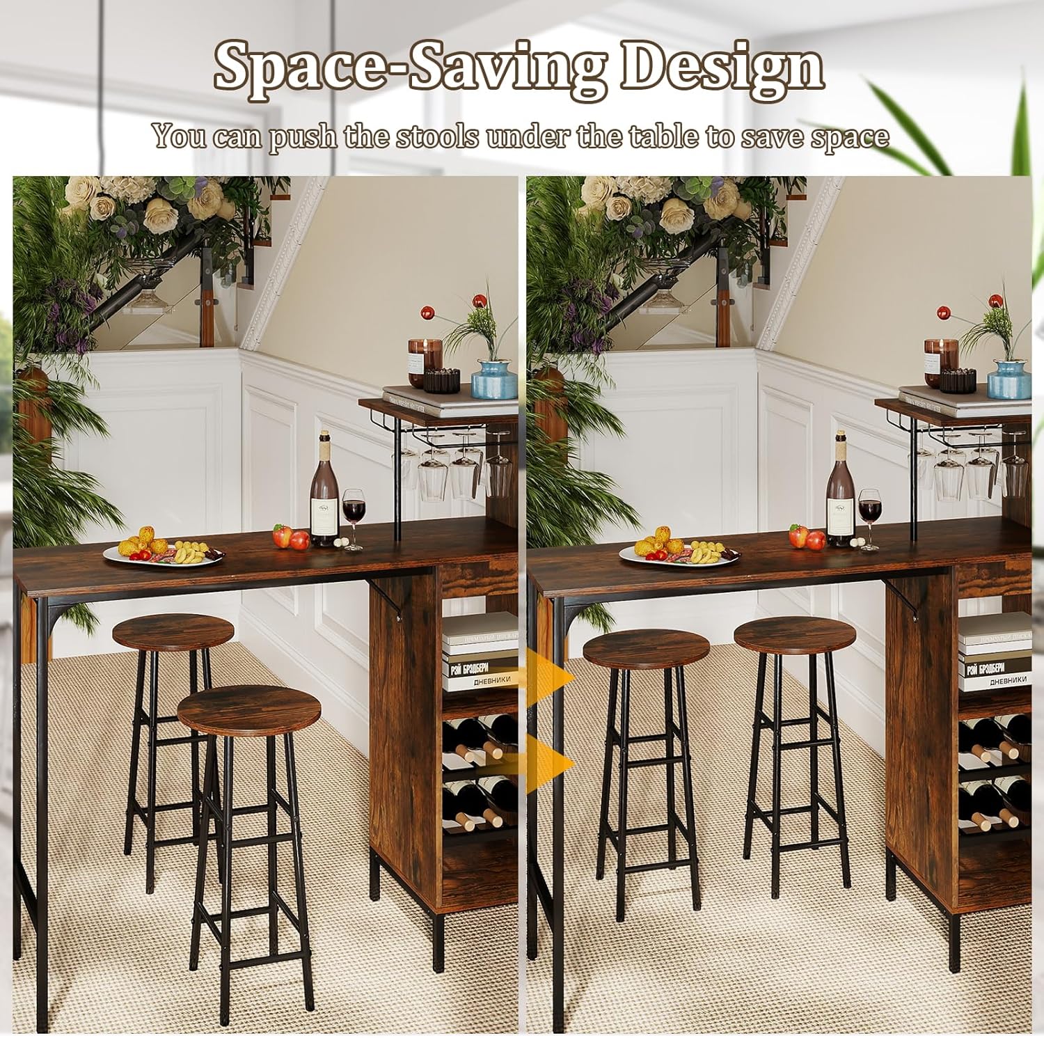 GOFLAME Bar Table Set for 2, Counter Height Dining Table Set with Shelves, Cup Holder & Wine Rack, Breakfast Table & Stools Set, 3-Piece Pub Table Set for Kitchen, Dining Room, Rustic Brown