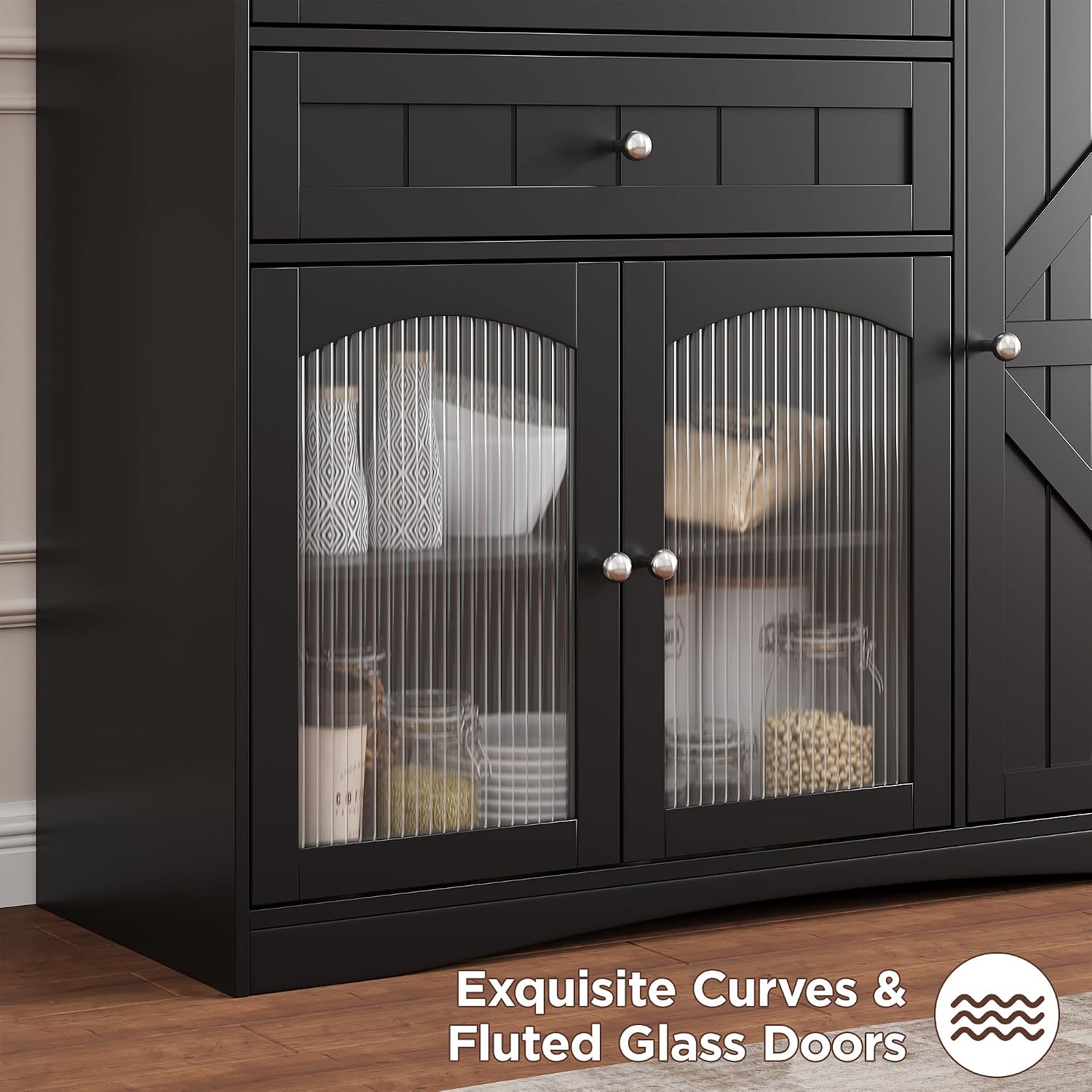 FiveWillowise Farmhouse Buffet Sideboard Cabinet, Black Storage Cabinet with Barn Doors and Drawers, Fluted Glass Doors & Adjustable Shelves, Coffee Bar with Storage for Kitchen, Living Room