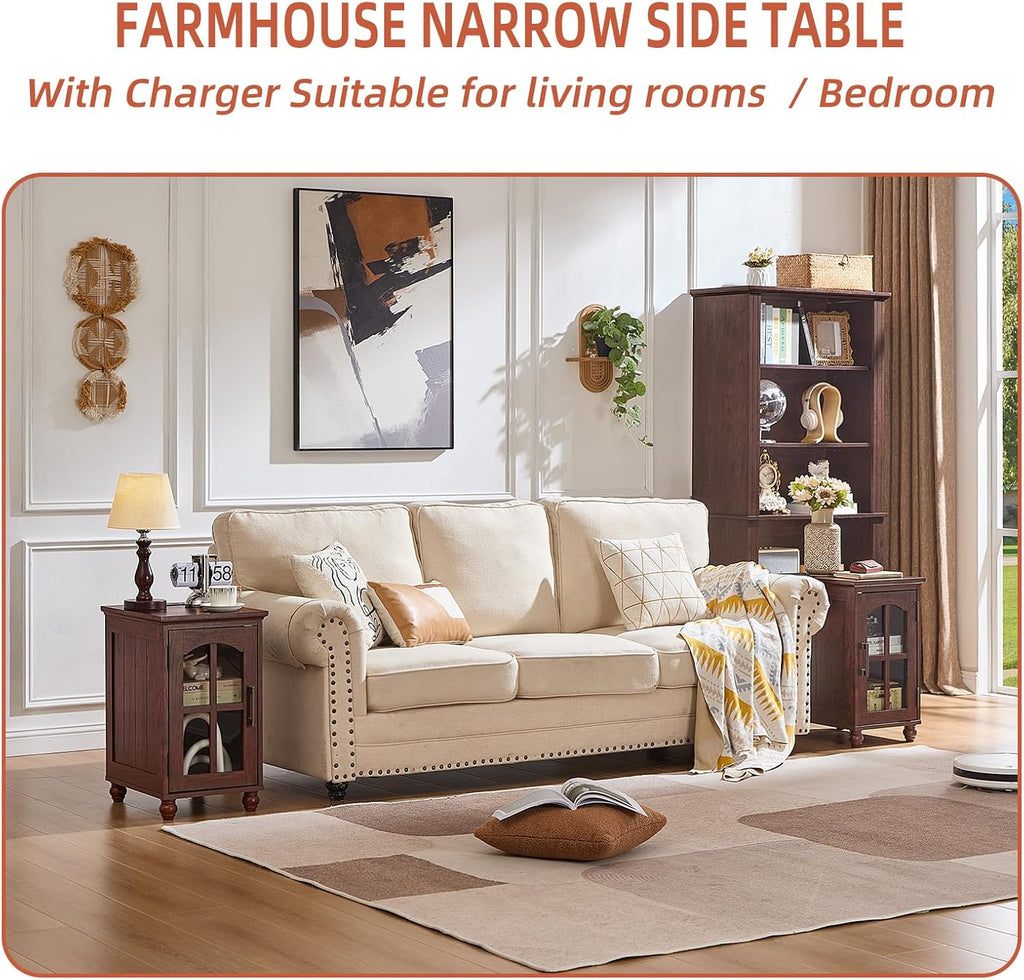 RWYHG End Table Set 2 with Charger, 18'' Nightstand and 24" Side Tables | Glass Barn Door Storage, Solid Wood Legs Farmhouse Style Bedside Table for Living Room,Bedroom Consistent style