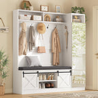 Hall Tree with Bench and Shoe Storage, Entryway Coat Rack with Tall Mirror, Farm House Barn Door 4-in-1 Hall Tree with Storage Cushioned Stool and Hooks for Hallway, Living Room, (60IN,With Mirror)