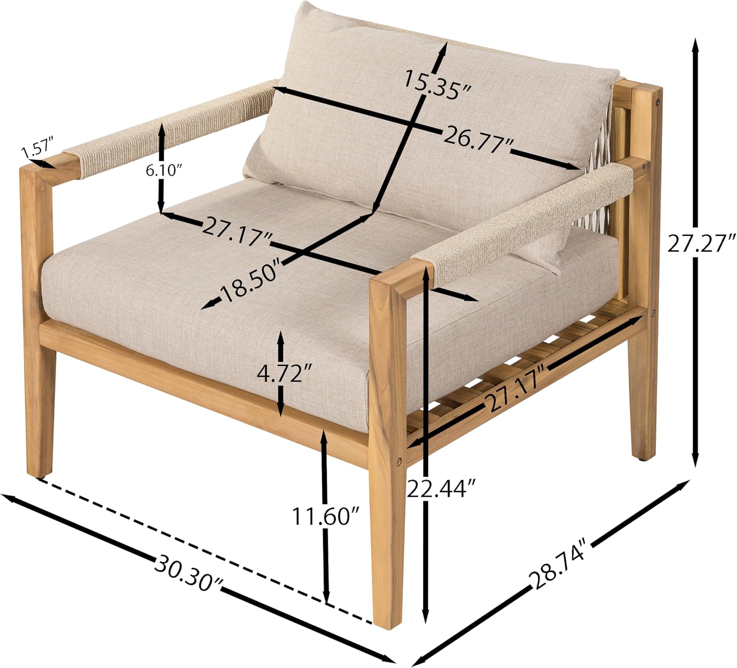 Acacia Wood Outdoor Lounge Chair, Wooden Patio Accent Chairs with Beige Rope Weave & Weather-Resistant Cushions, Comfy Reading Armchair for Porch, Deck, Garden
