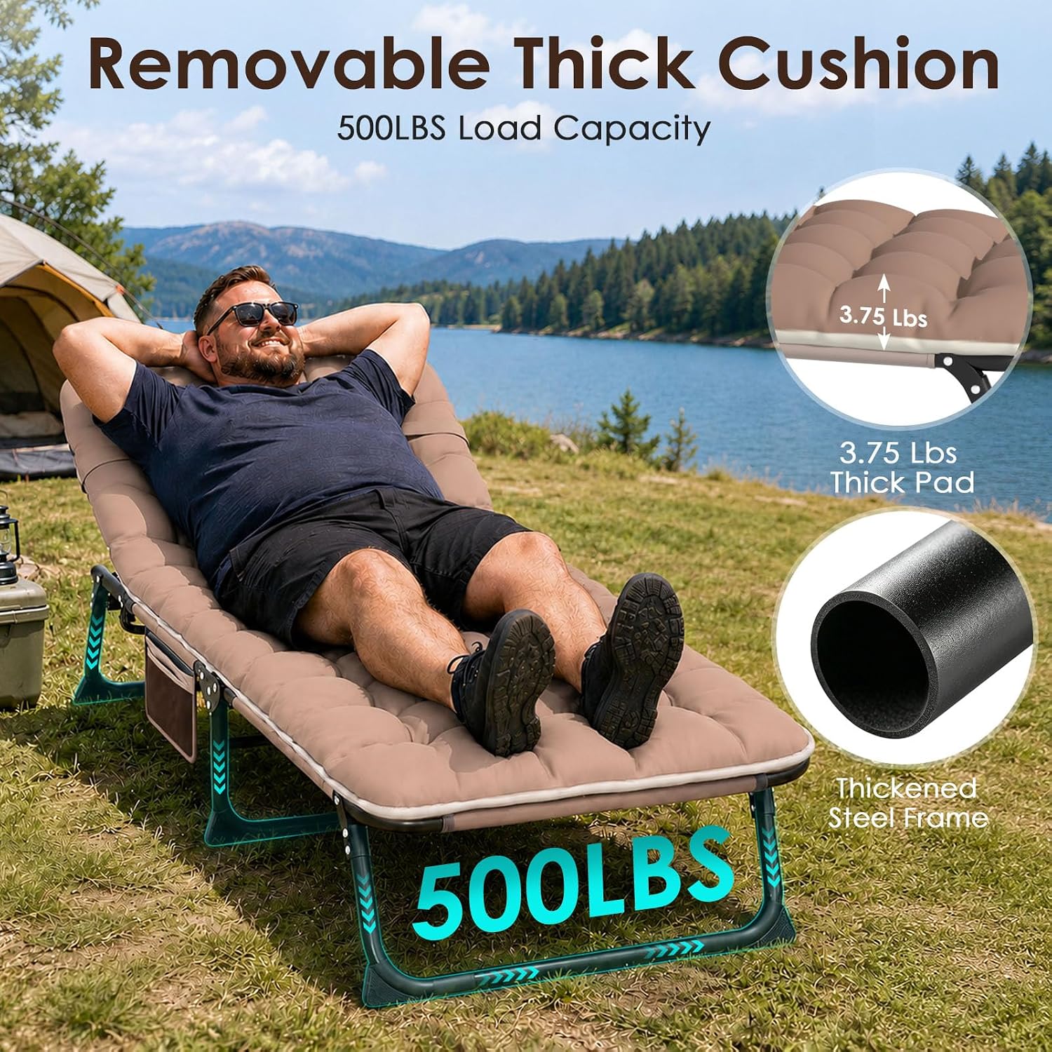 Suteck Tanning Chair with Face Hole, Folding Beach Lounge Chairs, Beige | Adjustable 5-Position Reclining Chaise, Removable Cushion & Pillow, Cooler Bag, 500Lbs Heavy-Duty for Outdoor Camping& Home