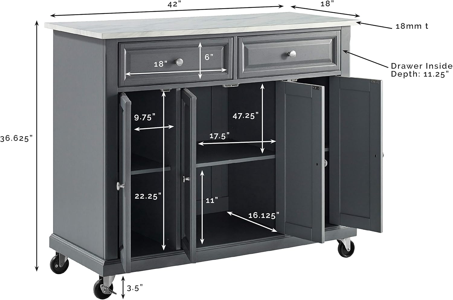 Crosley Furniture Avery Kitchen Island with Storage Shelves, Microwave Stand, Coffee Bar, Gray