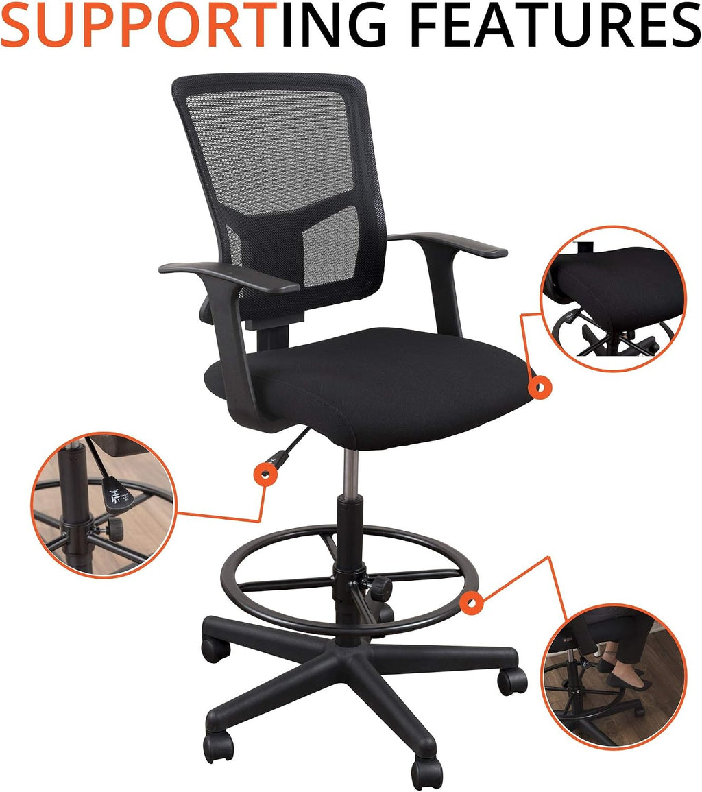 Stand Up Desk Store Sit to Stand Drafting Task Stool Chair for Standing Desks with Adjustable Footrest and Armrests (Black)