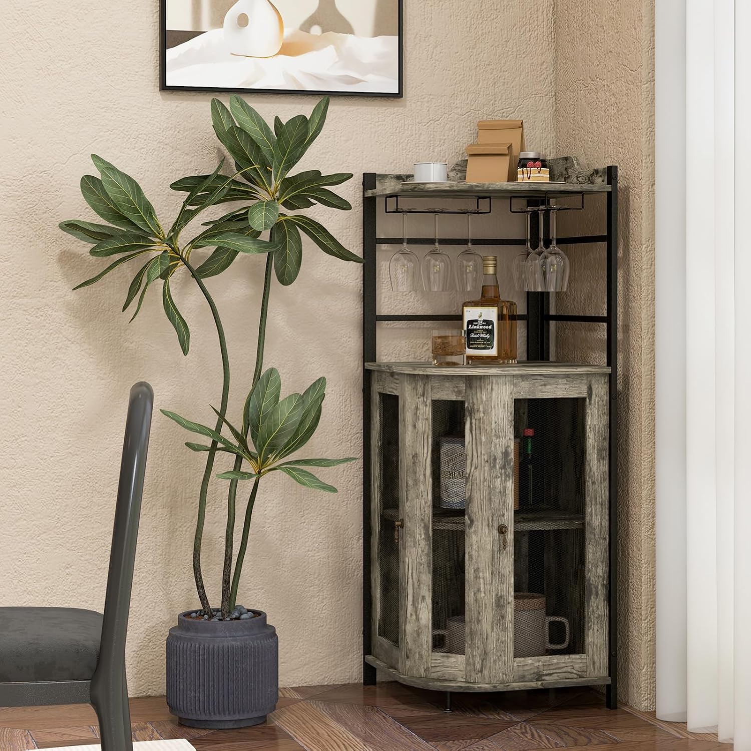 TANGZON Corner Bar Cabinet, 2 Mesh Doors Wine Cabinet with Glass Holders, Adjustable Shelf & Anti-Tipping Devices, Industrial Liquor Wine Drinks Storage Sideboard for Home Bar Kitchen Cellar