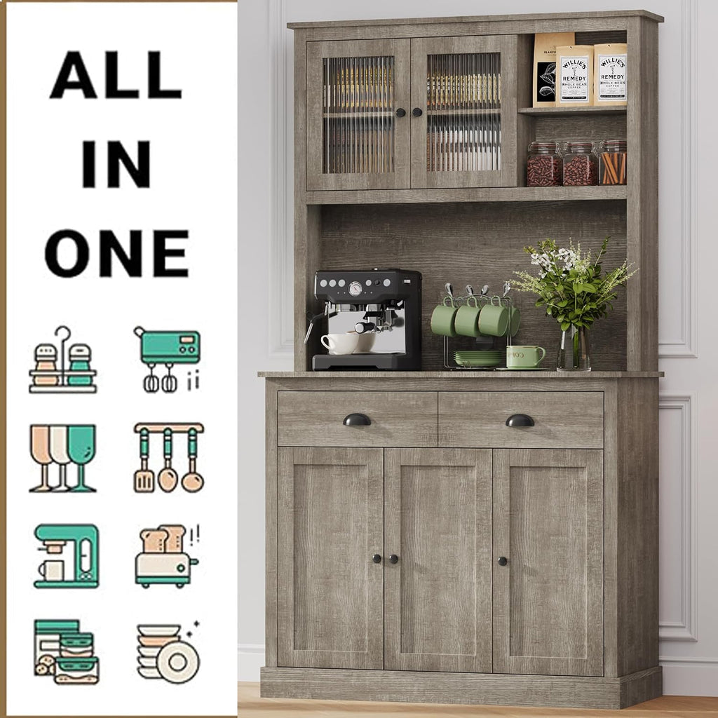 IDEALHOUSE Pantry with Drawers and Adjustable Shelves, 71”Tall Freestanding Kitchen Pantry Cabinet with Microwave Stand, Hutch Cabinet for Kitchen, Dining Room, Grey