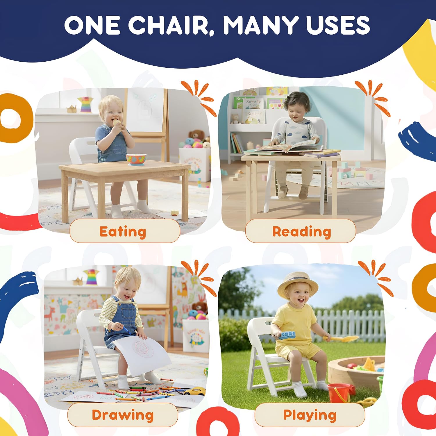 Giggle & Play 2 Pack of Kids Folding Chair with Backrest - Lightweight, Portable Toddler Chair for Indoor, Outdoor, Playroom & Classroom (White)