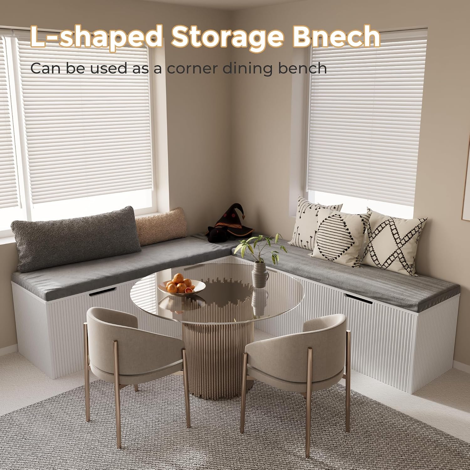 Mekminop Kitchen Breakfast Nook Bench, Backless Wood Corner Bench with Cushion Seat, L Shape Dining Bench with Hidden Storage Space, White