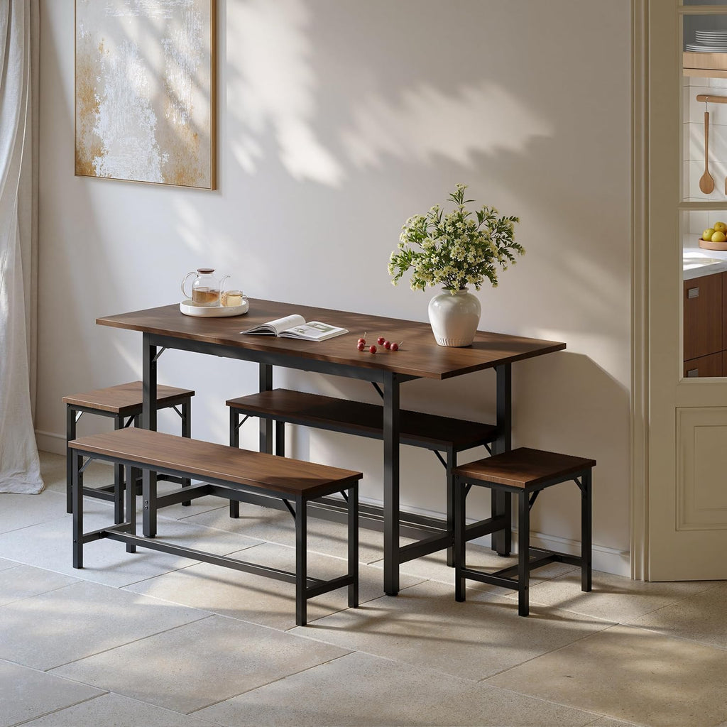 Tatub 5-Piece Dining Table Set for 4-8, 63" Extendable Dining Room Table with 2 Benches and 2 Square Stools, Space Saving Rectangle Kitchen Table Set for Breakfast Nook and Small Space, Walnut
