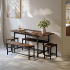 Tatub 5-Piece Dining Table Set for 4-8, 63" Extendable Dining Room Table with 2 Benches and 2 Square Stools, Space Saving Rectangle Kitchen Table Set for Breakfast Nook and Small Space, Walnut