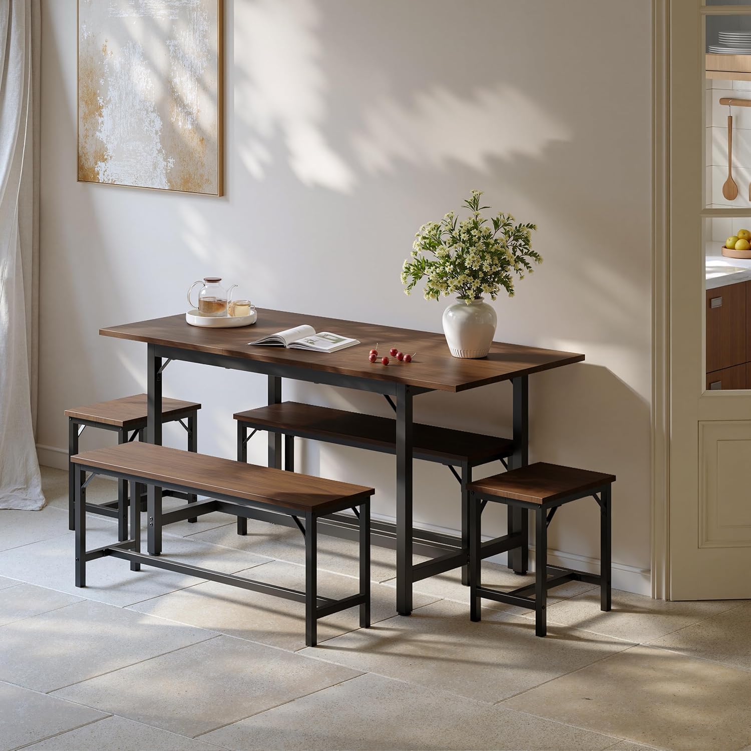 Tatub 5-Piece Dining Table Set for 4-8, 63" Extendable Dining Room Table with 2 Benches and 2 Square Stools, Space Saving Rectangle Kitchen Table Set for Breakfast Nook and Small Space, Walnut