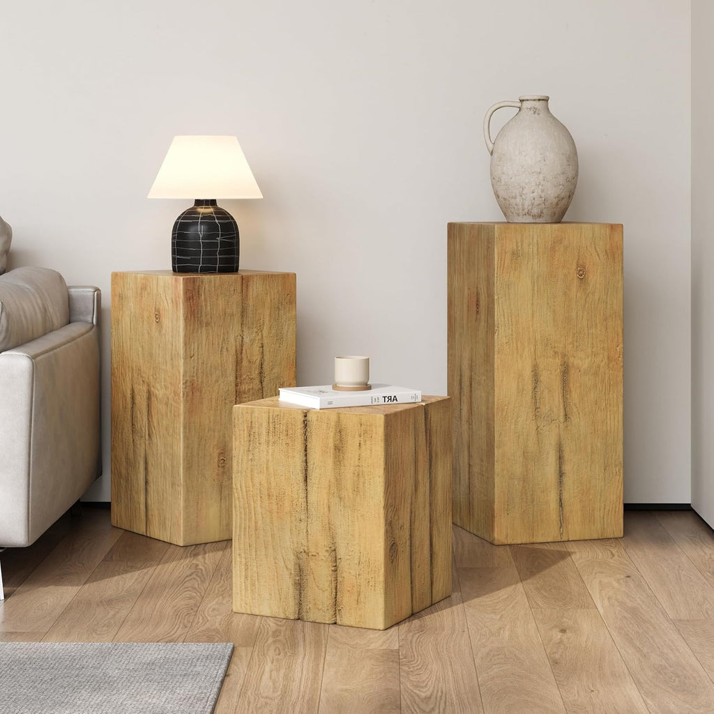 Retro Natural Style Side Table Set of 3,Stackable End Tables,Square-Column MGO Side Table for for Living Room,Bedroom,Office,Natural Color