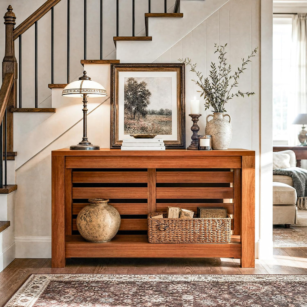 Bigbiglife 63 Inch Grille Console Table, Rustic Farmhouse Wood Sofa Table with 2-Tier Storage Shelf, Narrow Entryway Table with Anti-Tip Design, Accent Table for Living Room, Hallway, Foyer, Brown