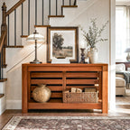 Bigbiglife 63 Inch Grille Console Table, Rustic Farmhouse Wood Sofa Table with 2-Tier Storage Shelf, Narrow Entryway Table with Anti-Tip Design, Accent Table for Living Room, Hallway, Foyer, Brown