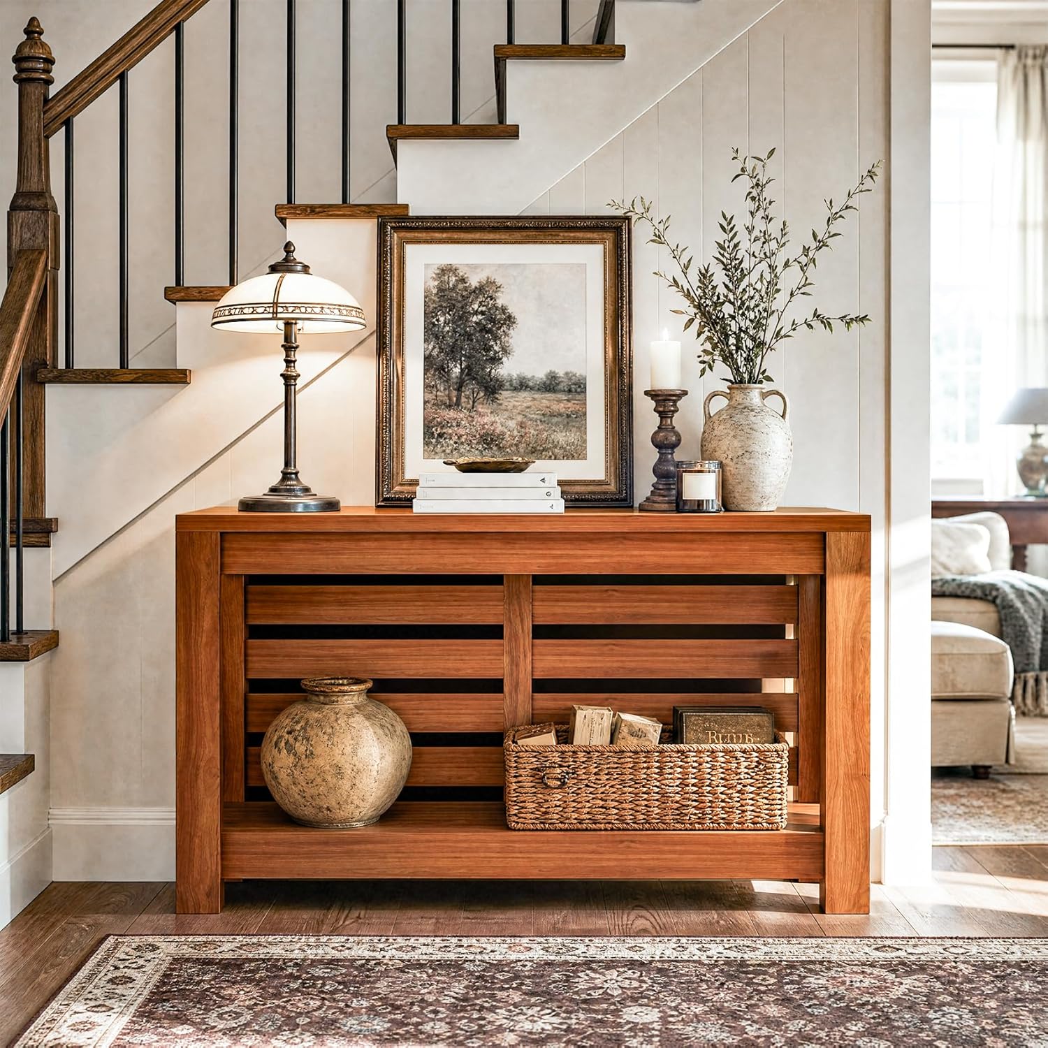 Bigbiglife 63 Inch Grille Console Table, Rustic Farmhouse Wood Sofa Table with 2-Tier Storage Shelf, Narrow Entryway Table with Anti-Tip Design, Accent Table for Living Room, Hallway, Foyer, Brown
