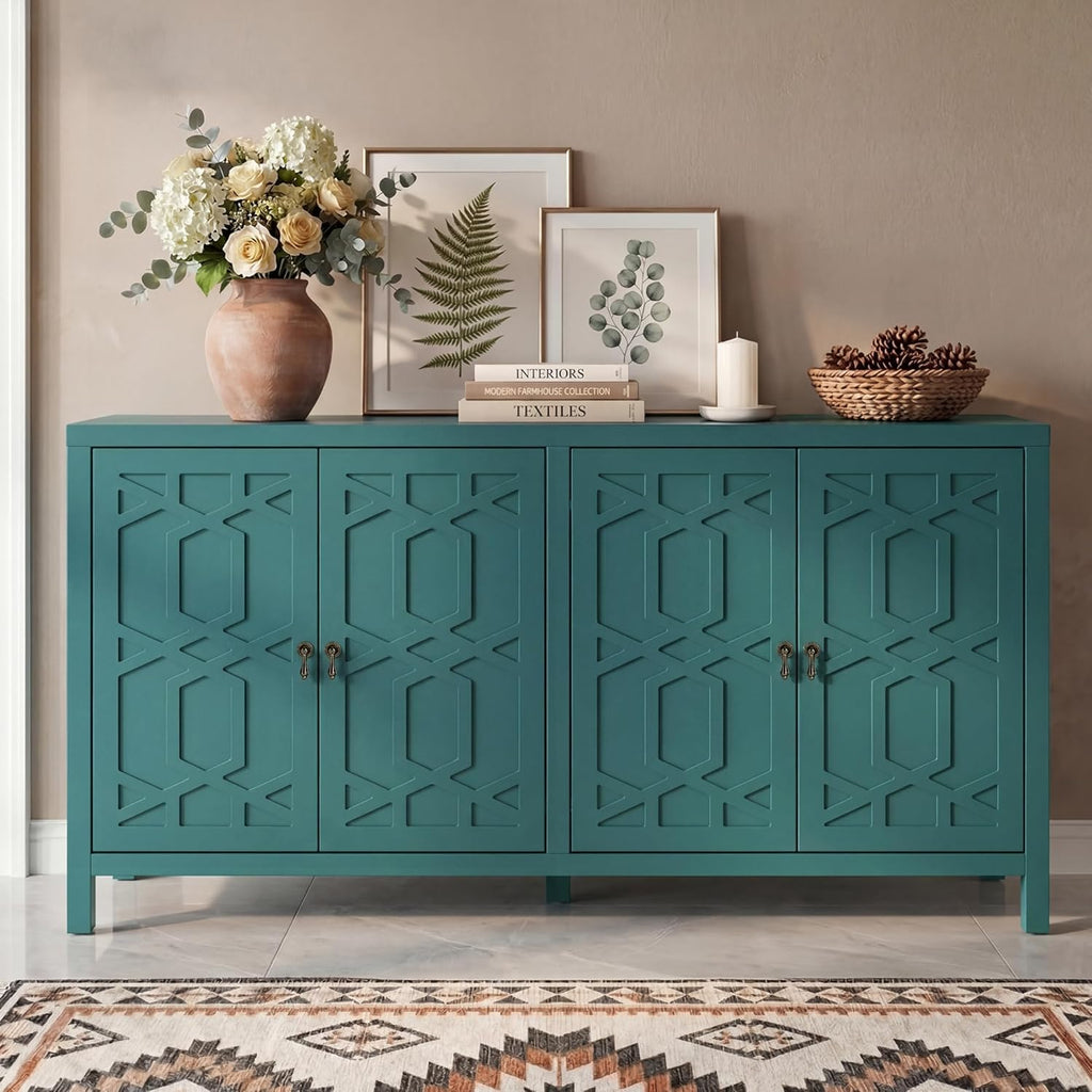 RoyalCraft Buffet Cabinet with Storage, 60" W Modern Coffee Bar Sideboard with 4 Doors & Adjustable Shelves, Painted Wooden Credenza for Dining Room, Kitchen, Living Room, Entryway, Turquoise Blue
